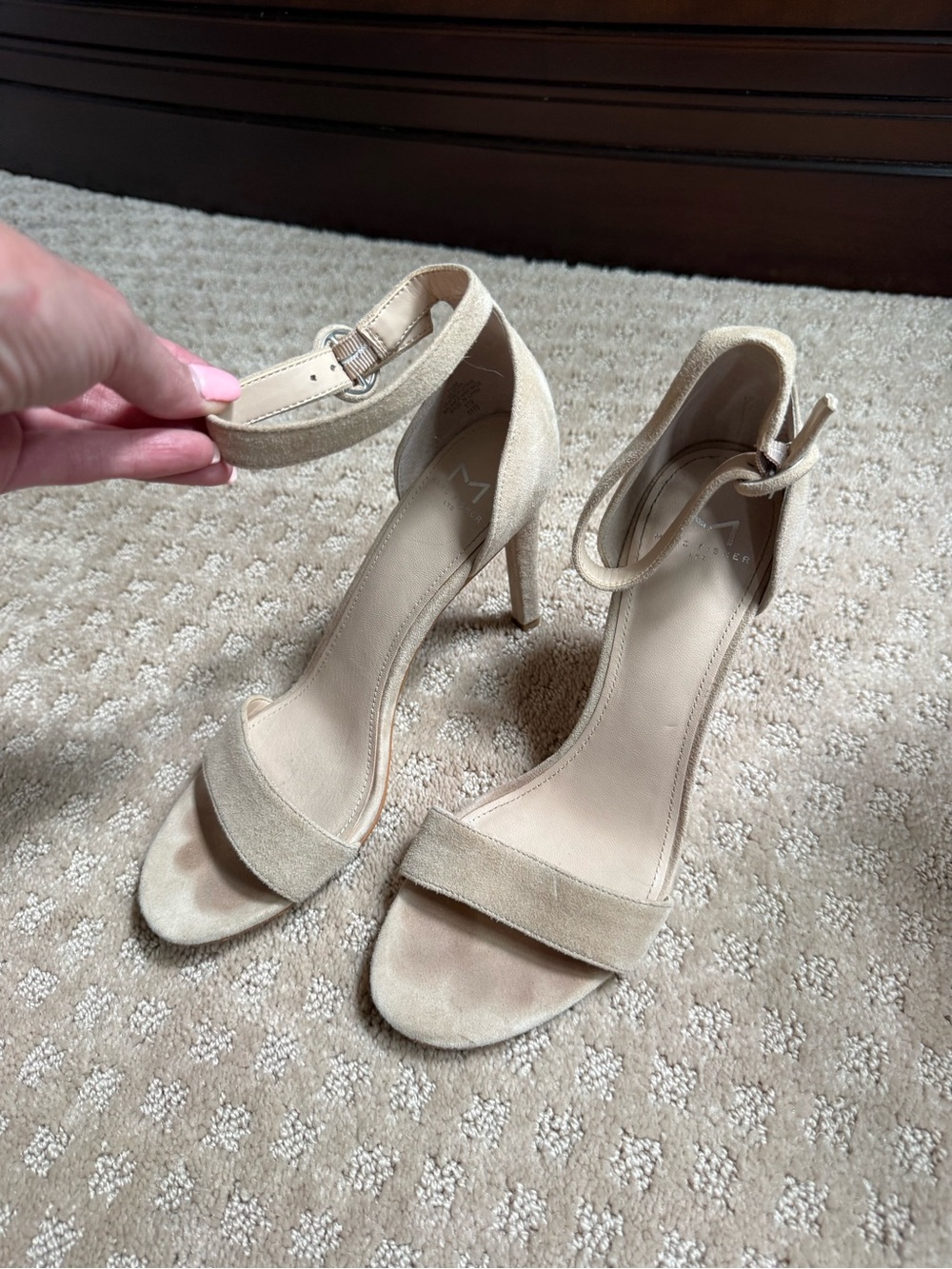 Marc Fisher Beige Suede Ankle-Strap Stiletto Sandals